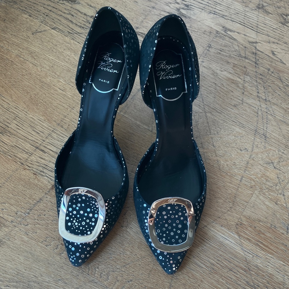 Roger Vivier Black Blue Heels with Silver Buckle